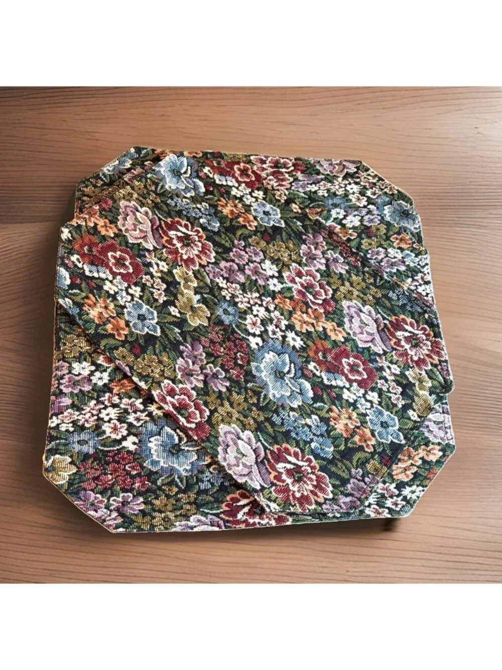 Set of 6 Vintage Tapestry Placemats Multicolor Floral 18 X 12 Octagon Grannycore